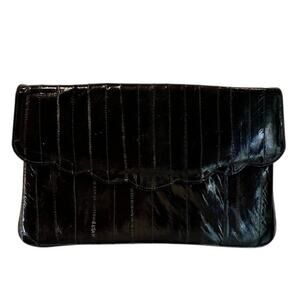 Vintage Eel Skin Wallet Clutch Purse Black Eelskin  w Snap Closure Made in Korea